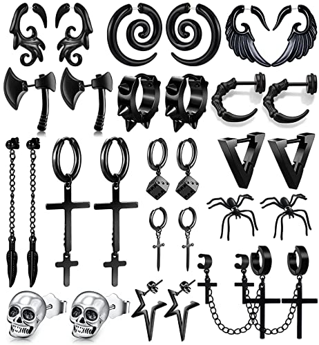 15 Pairs Punk Style Earrings Set for Women and Men, Black Stainless Steel Gothic Earrings Kit Fashion Cross Earrings with Cross, Axe, Wing, Skull Heads, Spider, and More