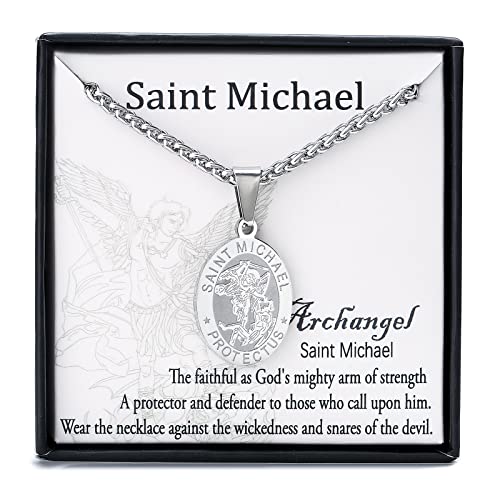 Zocomi Saint Michael Archangel Medal Necklace for Men Teen Boys, Stainless Steel Catholic St Michael Pendant Chain Jewelry Religious Christian Baptism First Communion Confirmation Gifts Him (Silver)