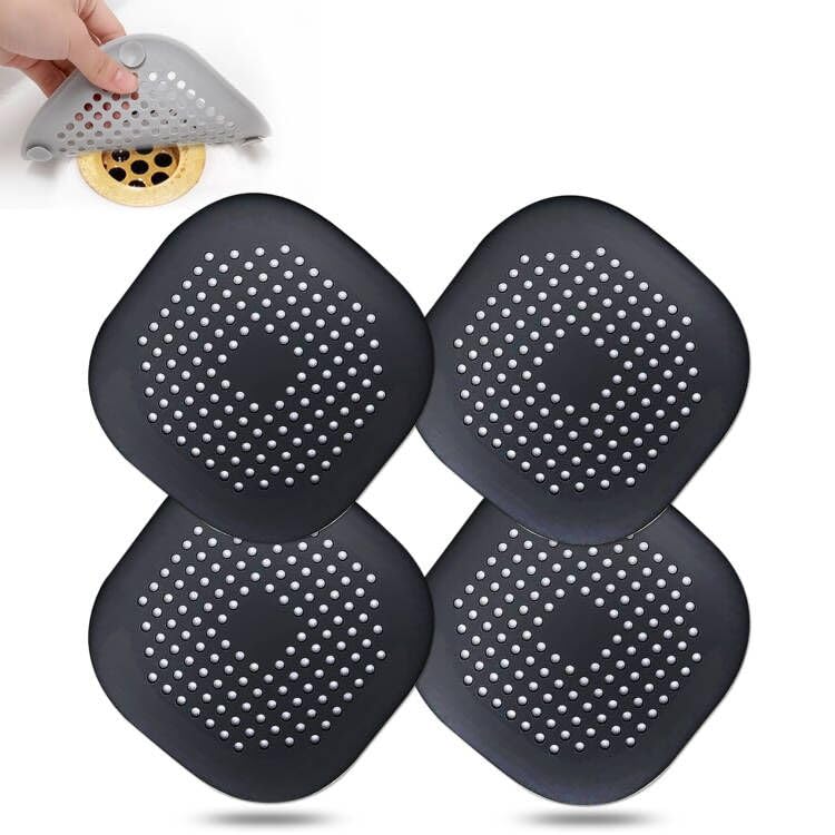Hair Drain Catcher,Square Drain Cover for Shower Silicone Hair Stopper with Suction Cup,Easy to Install Suit for Bathroom,Bathtub,Kitchen(Black 4 Pack)