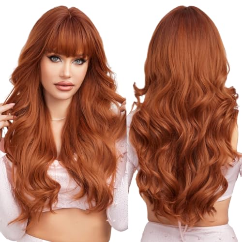 EMMOR Long Curly Ginger Orange Wigs with Bangs for Women, Heat Resistant Synthetic Wavy Wigs for Daily/Party/Cosplay