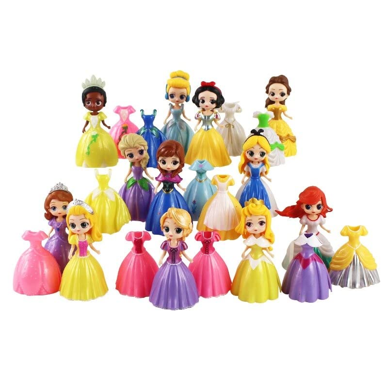 24Pcs Magic Clip on Dolls Dress Princess Cinderella Belle Alice Snow White Ariel Rapunzel PVC Action Figures Toys Dolls Girls Gifts