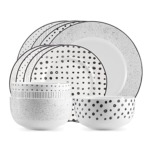Safdie & Co. 12-Piece Black & White Sketch Dinnerware Set, Porcelain, Includes Plates, Bowls, and Serving Dishes, Dishwasher Safe
