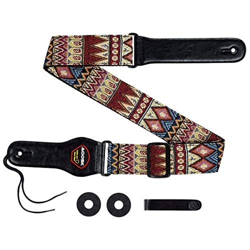 AODSK Guitar Strap,Red Vintage Woven Cotton Guitar Straps with PU Leather Ends,W/FREE BONUS -Strap Locks + Strap Button.For Bass, Electric & Acoustic Guitars,2'' Wide.