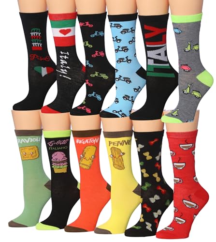 Tipi Toe Women's 12 Pairs Taste of Italy Flags Scooters Coffee Gelato Lightweight Crew Socks, CR185-AB-T1