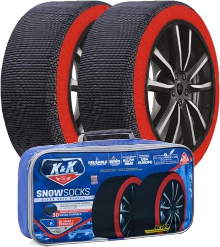 K&K Automotive Snow Socks for Tires - Pro Series for Ultimate Grip Alternative for Tire Snow Chain - Snow Traction Device for Passenger Cars SUVs Trucks Winter Emergency Accessory European(X-Large)
