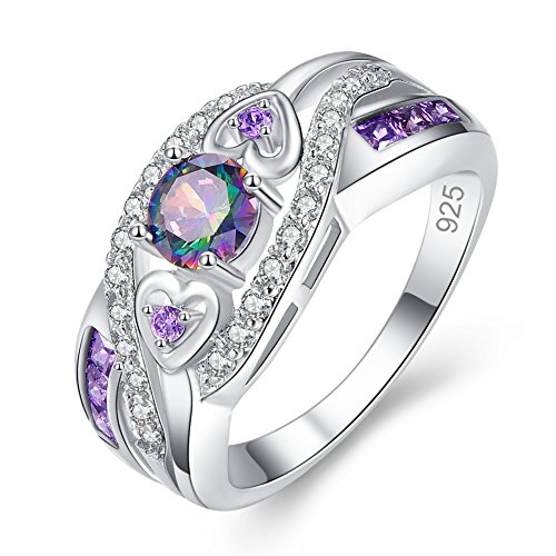 Veunora Gorgeous Silver Plated 5x5mm Created Rainbow Topaz and Amethyst Cubic Zirconia Filled Heart Twisted Ring Band Christmas Gift for Women Ladies Girls Size 8