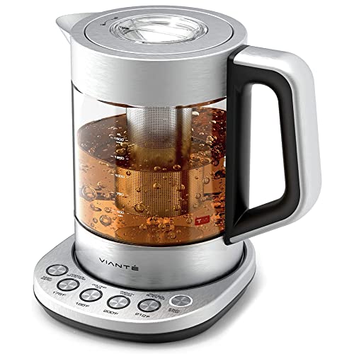 Vianté Hot Tea Maker Electric Glass Kettle with tea infuser and temperature control. Automatic Shut off. Brewing Programs for your favorite teas and Coffee. 1.5 Liters capacity.
