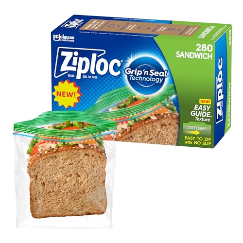 Ziploc Sandwich Bags with EasyGuide Texture, Plastic Storage Bags with Grip 'N Seal Technology, 280 Count