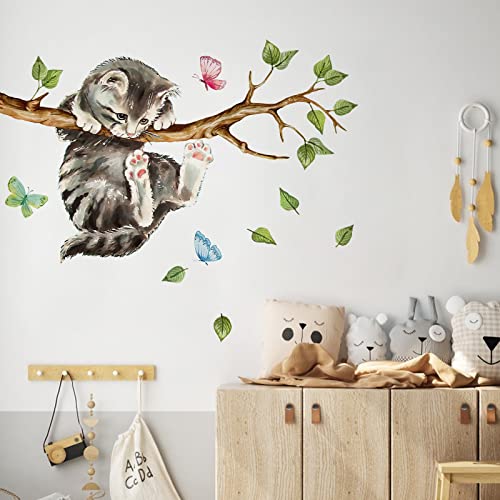 Yovkky Cat on Tree Branches Wall Decals Stickers, Kitty Animal Nursery Decor, Green Leaves Baby Kids Bedroom Home Decorations Art