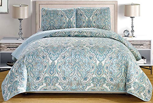 3-Piece Fine Printed Oversize (115' X 95') Quilt Set Reversible Bedspread Coverlet King Size Bed Cover (Pale Blue, Grey, Paisley)