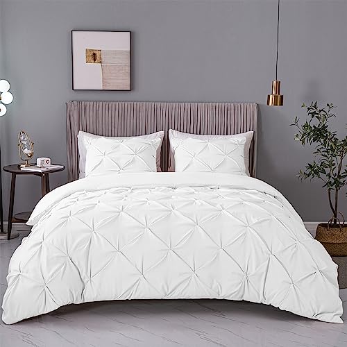 ASHLEYRIVER 3 Piece Luxurious Pinch Pleated Duvet Cover with Zipper & Corner Ties 100% 120 g Microfiber Pintuck Duvet Cover Set(Queen White)
