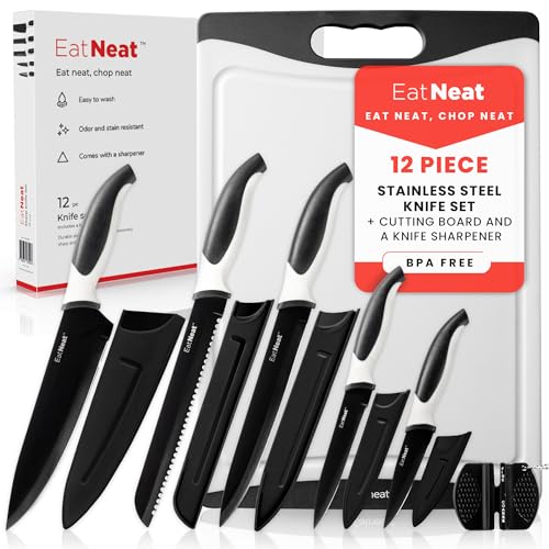 EatNeat 12 Pc Knife Set: Sleek Black Non-Stick Coated Stainless Steel Knives, Protective Sheaths, Cutting Board & Sharpener - Gifts for New Home, Apartments, RV - Ergonomic Sharp Knives for Kitchen