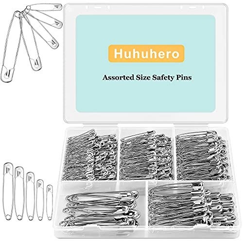 Huhuhero Safety Pins Assorted, 340-Pack 5 Different Sizes Large Safety Pins Heavy Duty, Safety Pins for Clothes Pins, Small Safety Pins for Sewing, Jewelry Making, Sewing and Crafts Supplies