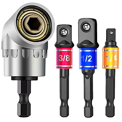 CIGOTU Impact Grade Power Hand Tools Driver Sockets Adapter Extension Set, 3Pcs 1/4 3/8 1/2' Hex Shank Drill Nut Driver Bit Set + 105 Degree Right Angle Driver Extension Screwdriver Drill Attachment