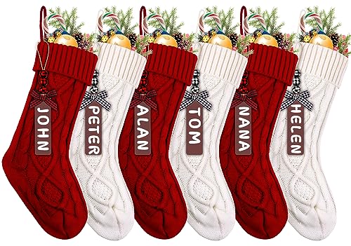 XIMISHOP 6pack Christmas Stockings, 18inch Large Personalized Cable Knitted Xmas Hanging Stocking Decorations with Name Tags for Holiday Christmas Party Family Decor (Red and White)