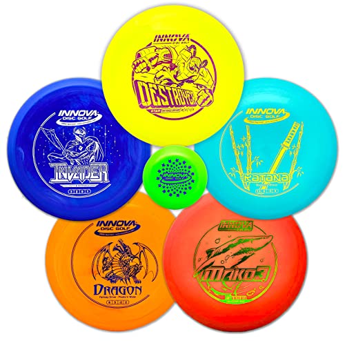 Innova Disc Golf Set 5 Disc Set Includes Disc Golf Driver, Mid-Range,Disc Golf Putter Star Destroyer, DX Dragon, Disc Golf Discs, Frisbee Golf Discs Set, PDGA Approved Colors Will Vary