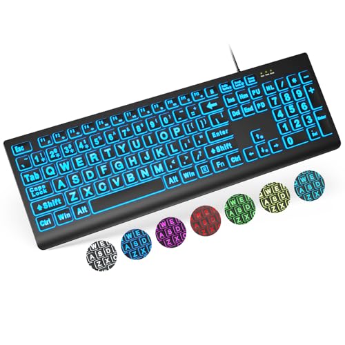 SABLUTE Large Print Backlit Keyboard, Wired USB Lighted Computer Keyboards with 7-Color & 4 Modes Backlit, Oversize Letters Keys Easy to See and Type, Quiet Keyboard Compatible for PC, Laptop