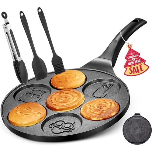 Reemix Mini Pancake Pan, Make 7 Unique Flapjack Animals Designs, Nonstick Pan Cake Maker Griddle for Breakfast Fun & Easy Cleanup, with Silicone Spatula, Tongs and Oil Brush