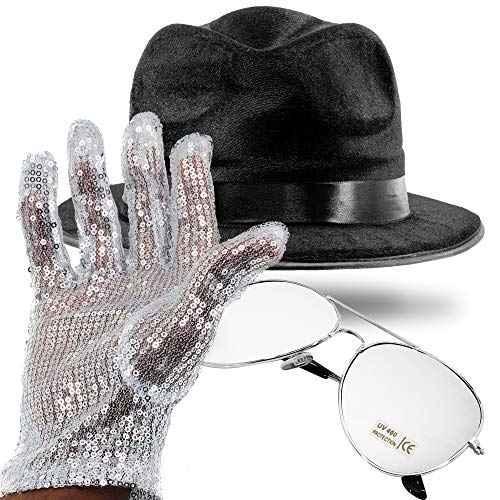 King of Pop MJ Costume with Bad LP Accessories, Black Fedora Hat, Silver Sequin Glove, Aviator Sunglasses, and thank you card Novelty Cosplay and Halloween Dress Up Props