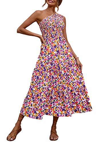 BTFBM Long Flowy Dresses for Women Summer Sleeveless Smocked Sundress High Waist Floral One Shoulder Wedding Guest Dress(Floral White Purple, Small)