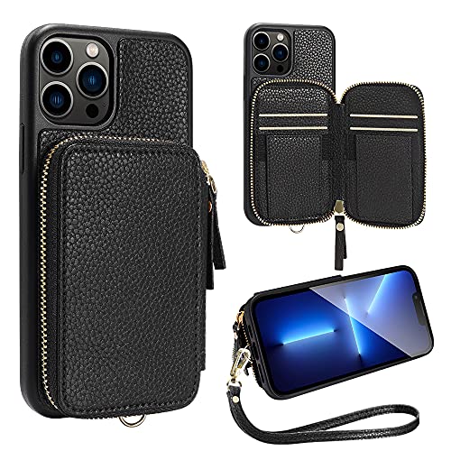 ZVE iPhone 13 ProMax Wallet Case with Card Holder, Zipper RFID Blocking Phone Case with Wrist Strap, Leather Handbag Case for Women Case for iPhone 13 Pro Max 6.7'(2021)- Black