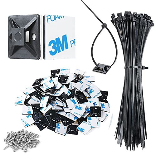 XHF 3/4' Strong Back-Glue Self Adhesive Black Cable Zip Tie Mounts 100pcs with 8' Zip Ties, Screws, UV Protection Outdoor Sticky Wire Fasteners Cable Clips Management Anchors Organizer Holders Squares