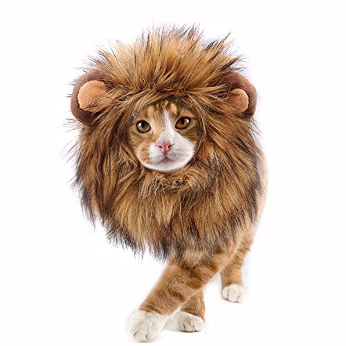 Onmygogo Lion Mane Wig for Cats, Funny Pet Cat Costumes for Halloween Christmas, Furry Pet Clothing Accessories (Size S, Melange Brown)