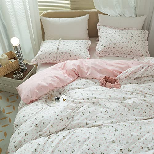 Floral Girls Duvet Cover Full Size Cotton Pink Floral Duvet Cover Chic Garden Flower Bedding Sets Lightweight Soft Aesthetic Floral Comforter Cover 1 Full Duvet Cover with 2 Pillowcases, No Comforter