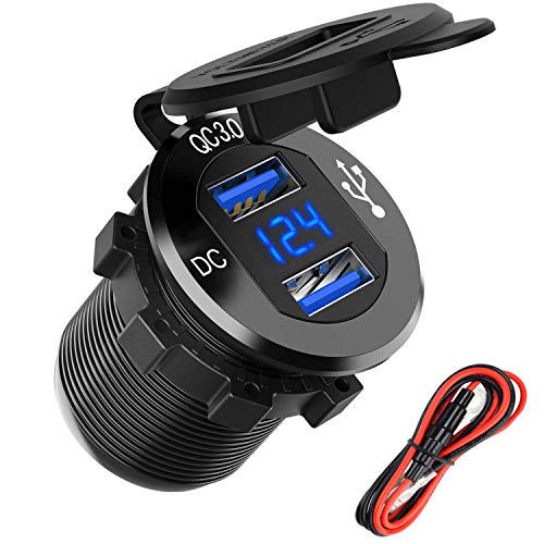 12V USB Outlet, Ollcuz 12V/24V 36W Aluminum Waterproof Dual QC3.0 USB Fast Charger Socket Power Outlet Adapter w/LED Digital Voltmeter for Car, Marine, Boat, Motorcycle, Truck, Golf Cart, etc