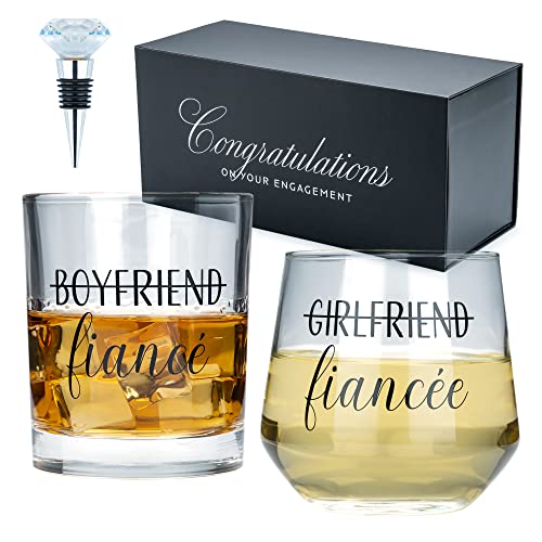 Newlywoo Engagement Gifts for Couples — Engagement Gifts for Newly Engaged Couples, Unique Fiance Gifts for Him or Her! Whiskey Wine Glasses with Diamond Wine Stopper