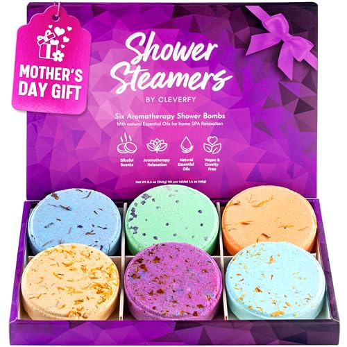 Cleverfy Shower Steamers Aromatherapy - Mothers Day Gifts for Mom from Daughter. Self Care Variety Pack of 6 Shower Bombs with Essential Oils. Purple Set