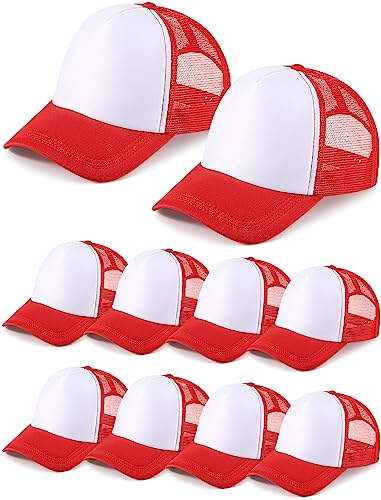 10 Pcs Sublimation Blank Trucker Hats Bulk Mesh Baseball Cap Polyester Mesh Trucker Hat for Men and Women (Red and White)