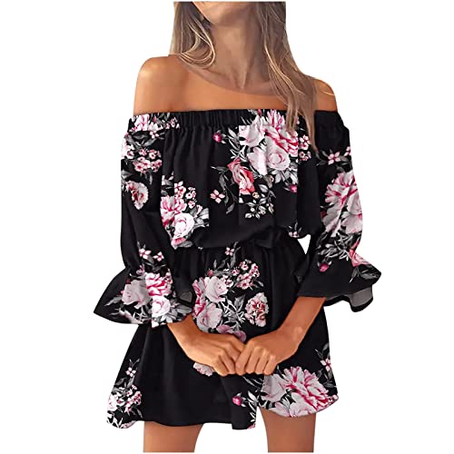Summer Dresses for Women 2024 Off Shoulder Sundresses Casual Ruffle Loose Fit Bell Sleeve Mini Floral Dress Cute Flower Printed Trendy Beach Mini Dress