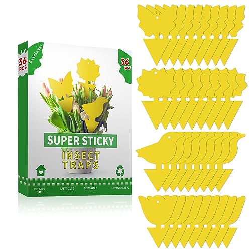 36 Pcs Sticky Traps for Fruit Fly, Whitefly, Fungus Gnat and Bug, Yellow Sticky Insect Catcher Traps for Plant/Indoor/Outdoor/Kitchen, Extremely Sticky, Non-Toxic, Safe for Pet and Kid, 4 Shapes