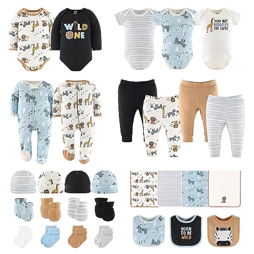 The Peanutshell Newborn Clothes & EssentIals Set, 30 Piece Baby Layette Gift Set, 0-3 Month Outfits, Safari