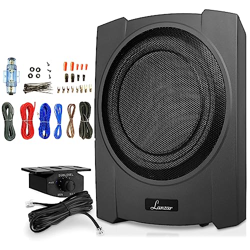Lanzar SBA10A 10 900 Watt Peak Power Compact Low-Profile Slim Active Bass Boost Control Amplified Underseat Car Audio System Subwoofer with 8 Gauge Complete Wiring Installation Kit