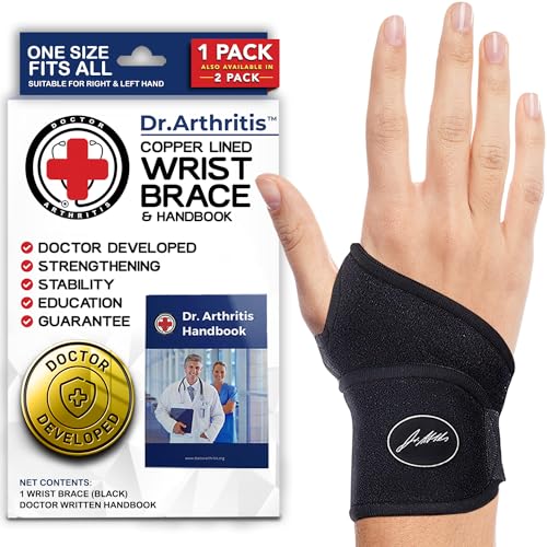 Dr. Arthritis Doctor Developed Copper Wrist Brace/Wrap for Carpal Tunnel Support, Splint Brace -F.D.A. Medical Device & Doctor Handbook-Night Support for Women Men-Right & Left hands (Single)