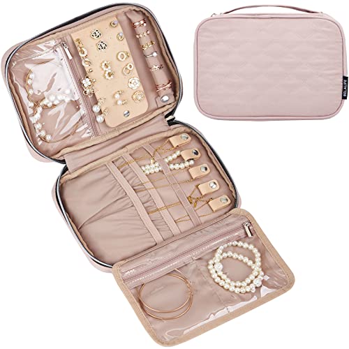 BELALIFE Travel Jewelry Organizer, Portable Jewelry Storage Case for Earrings, Rings, Necklaces, Bracelets, Pink