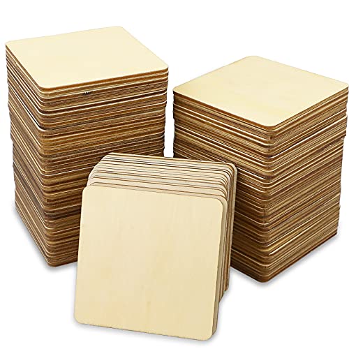 TKOnline 100Pcs Unfinished Wood Pieces, 3 x 3 Inch Blank Natural Wood Square Wooden Slices Wooden Board for DIY Crafts, Painting, Coasters, Scrabble Tiles, Decoration