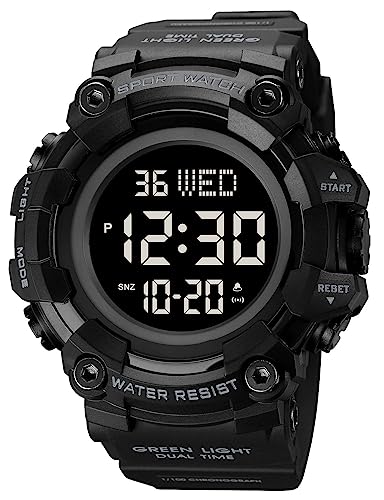 FANMIS Men's Digital 50M Waterproof Electronic Sport Watch Rubber Band Army Military 24H Time LED Light 164FT Water Resistant Calendar Date Day Watches (D Black)