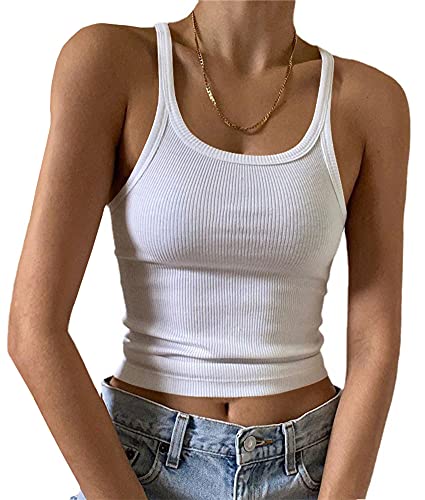 Artfish Women's Sleeveless Tank Top Form Fitting Scoop Neck Ribbed Knit Basic Cami Tight Fitted White M