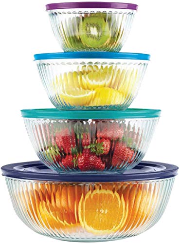 Pyrex 8 Piece Ribbed Bowl (4) Set Including Assorted Colored Locking Lids (Ribbed)