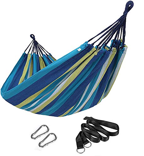 SONGMICS Double Hammock, 98.4 x 59.1 Inches, 660 lb Load Capacity, with Hanging Straps, Carabiners, Carry Bag, for Garden, Outdoor, Camping, Blue and Yellow Stripes UGDC15YU