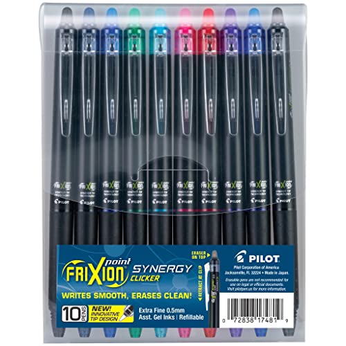 Pilot, FriXion Synergy Clicker Erasable, Refillable, Retractable Gel Ink Pens, Extra Fine Point 0.5 mm, Pack of 10, Assorted Colors