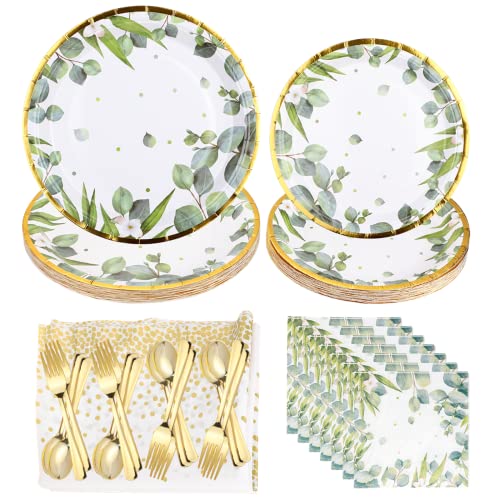 YHomU 126PCS Sage Green Party Supplies Greenery Paper Plates Napkins Cutleries Kit, Spring Eucalyptus Green Leaves Disposable Dinnerware Decor for Wedding Birthday Baby Shower