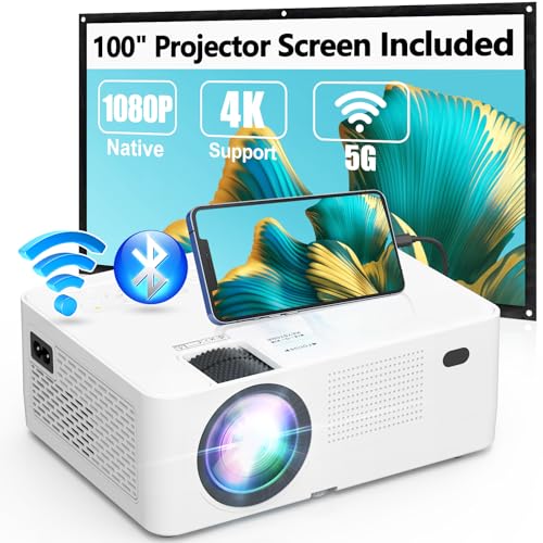 5G WiFi Bluetooth Projector, Full HD Native 1080P Projector with Wireless Mirroring Screen, Compatible with TV Stick/HDMI/DVD Player/AV for Theater Movies [100' Projector Screen Included]