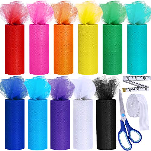 11 Colors Rainbow Tulle Rolls Tulle Netting Rolls Tulle Fabric Spool Ribbon 6' by 25 Yards/Spool and Sewing Scissor Measuring Tape Knit Elastic Spool for Table Skirt Rainbow Party Tulle Skirt