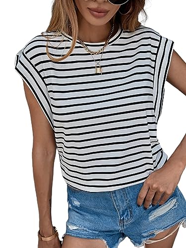 Floerns Women's Casual Stripe Print Cap Sleeve T Shirts Round Neck Tee Black White M