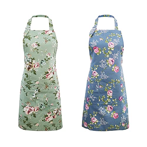 IDEAPRON Kitchen Aprons for Women, 2 Pack Floral Aprons with 2 Pockets, Vintage Chef Bakers Apron for Cooking Baking Gardening - Cute Birthday Mothers Day Apron Gifts for Mom Wife Sister Aunt Grandma