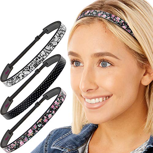 Hipsy Blades Adjustable & Flexible No Slip Floral Fashion Headbands for Women Girls & Teens (Black Floral/Pin Dots/Lace 3pk)